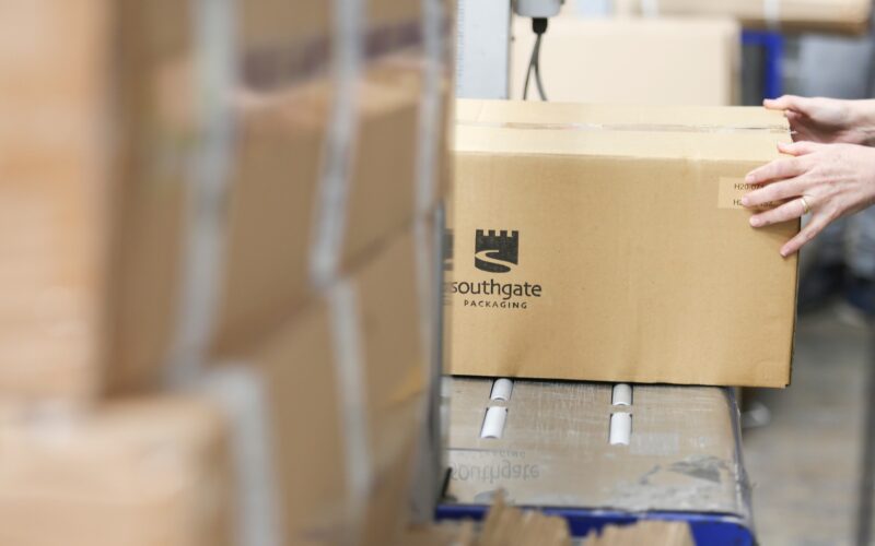 Image of box in warehouse with Southgate logo