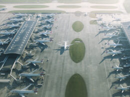 Aerial view of aeroplanes at Heathrow Airport, UK