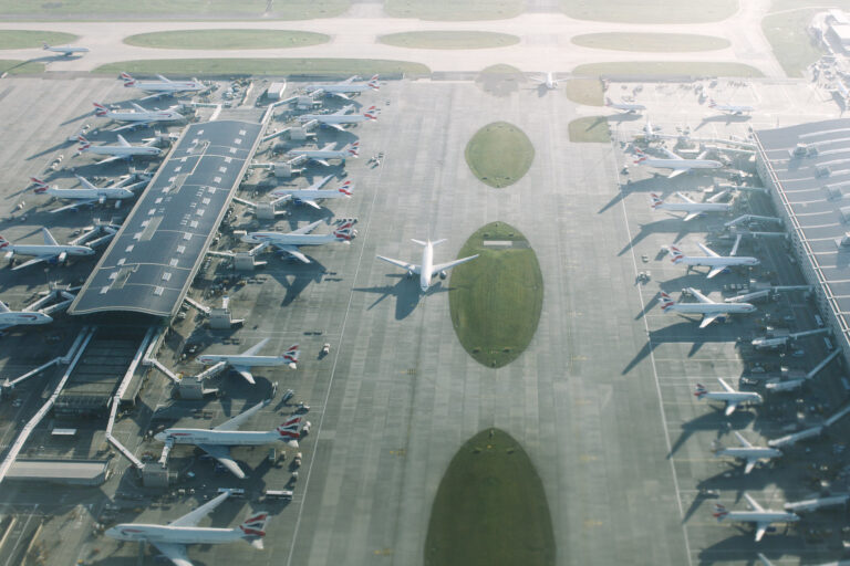 Aerial view of aeroplanes at Heathrow Airport, UK