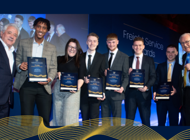 Apprentice of the Year finalists seen with football legend Kevin Keegan (left) and BIFA president, Sir Peter Bottomley MP (right) at the BIFA Freight Service Awards ceremony in January 2023.