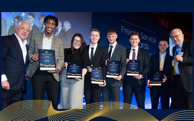 Apprentice of the Year finalists seen with football legend Kevin Keegan (left) and BIFA president, Sir Peter Bottomley MP (right) at the BIFA Freight Service Awards ceremony in January 2023.